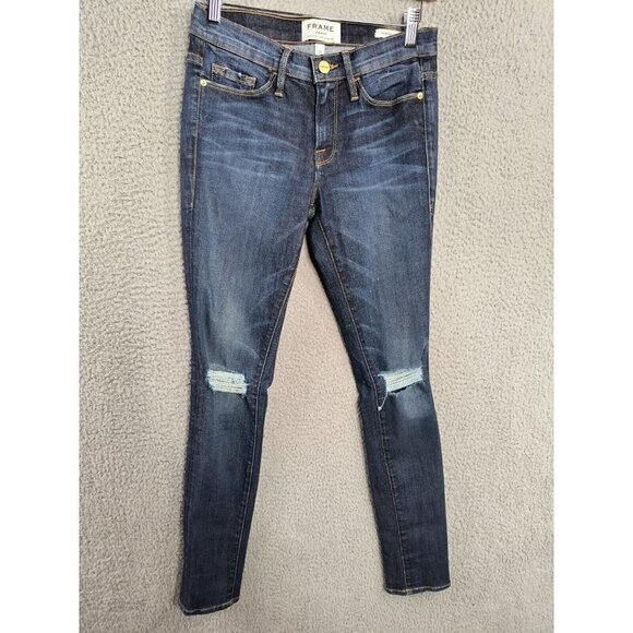 Frame Le Skinny de Jeanne Dark Wash Mid Rise Ankle Distressed Skinny Jeans 27 - Picture 1 of 12
